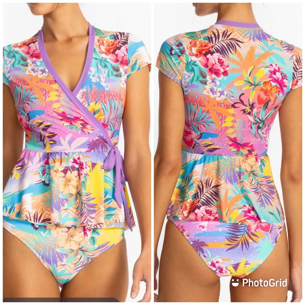 NWT Johnny Was Wrap Tankini Set Womens Purple Zeru Tropical Floral Peplum XS
